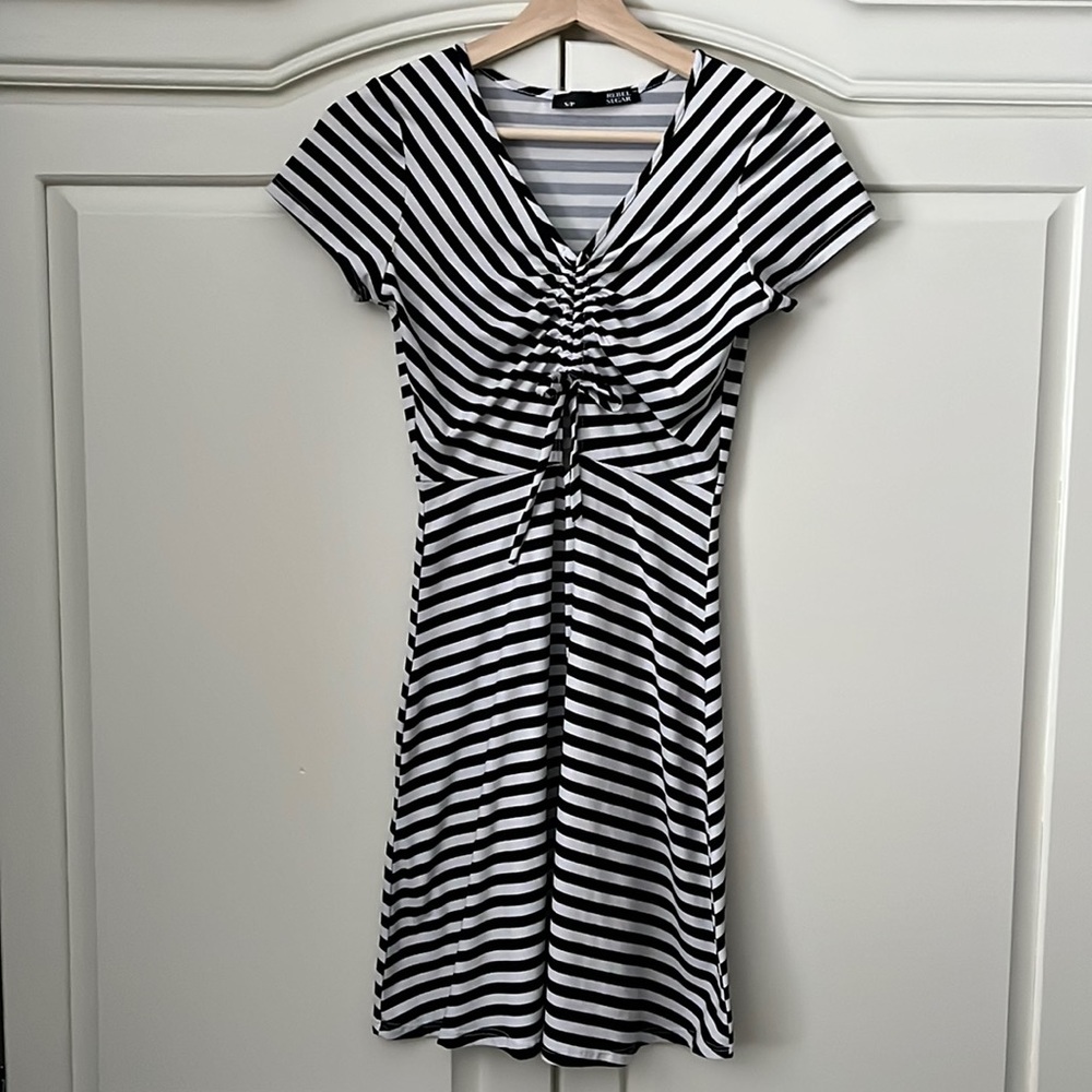 EUC Rebel Sugar black & white stripe cut out dress